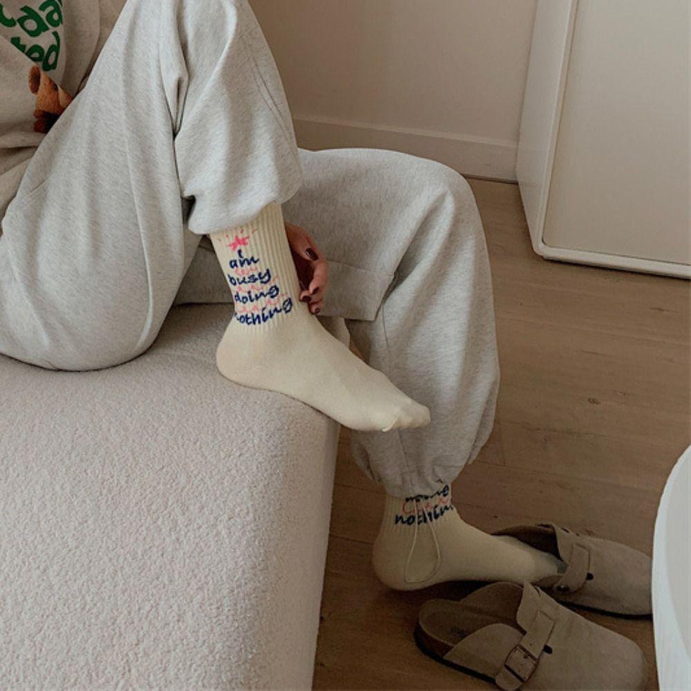 4Pairs Mid Tube Letter Printed Socks Kawaii Socks Women Casual Retro Lattice Socks  Girl