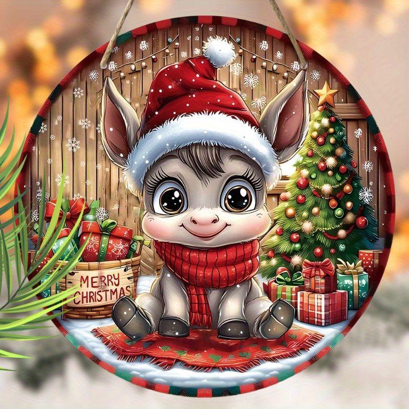 Christmas Cute Donkey Merry Christmas Round Wooden Hanging Sign, 2D Flat Printed Wall Door Ornament, Xmas Home Porch Holiday Decor Gift