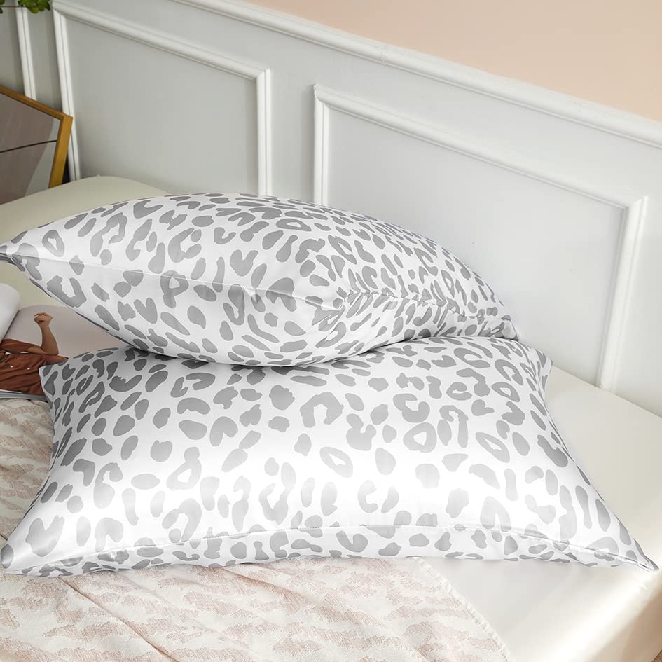 Satin Pillowcase for Hair & Skin, Grey Leopard Printed Pillow Cases Set of 2, Silk Satin Pillow Covers with Envelope Closure