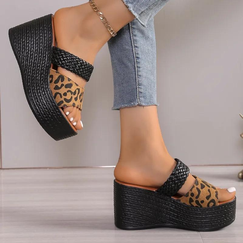Women Leopard Slippers Summer Wedges Heels Beach Slippers Women Fashion Casual Platform Sandals Slides Women Zapatos De Mujer