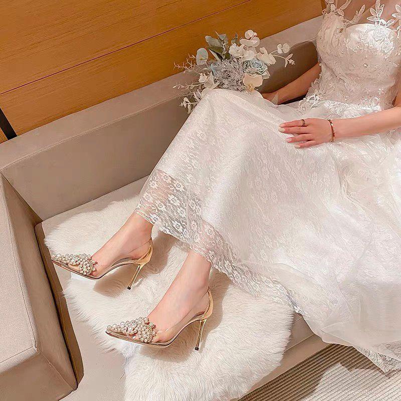 Fashion Women's Single Shoes Summer New Ultra High Heels Pointed Pearl Transparent Shallow Heels Fashion Temperament Stiletto