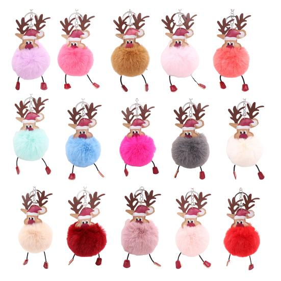 Christmas Deer Keychain Cute Reindeer Pom Pom Keyring Faux Fur Fluffy Plush Ball Charm for Handbag Backpack Purse Accessory