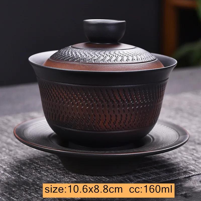 Vintage Purple Pottery Gaiwan Pot Bearing Chinese Handmade Tea Bowl Teacup Beauty Tea Infuser Household Travel Personal Teaware