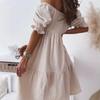 Spring Summer Women's Casual Off-Shoulder Dress with Ruching, Bubble Sleeves, Midi-Length, Stretchy, Elegant Ruffles