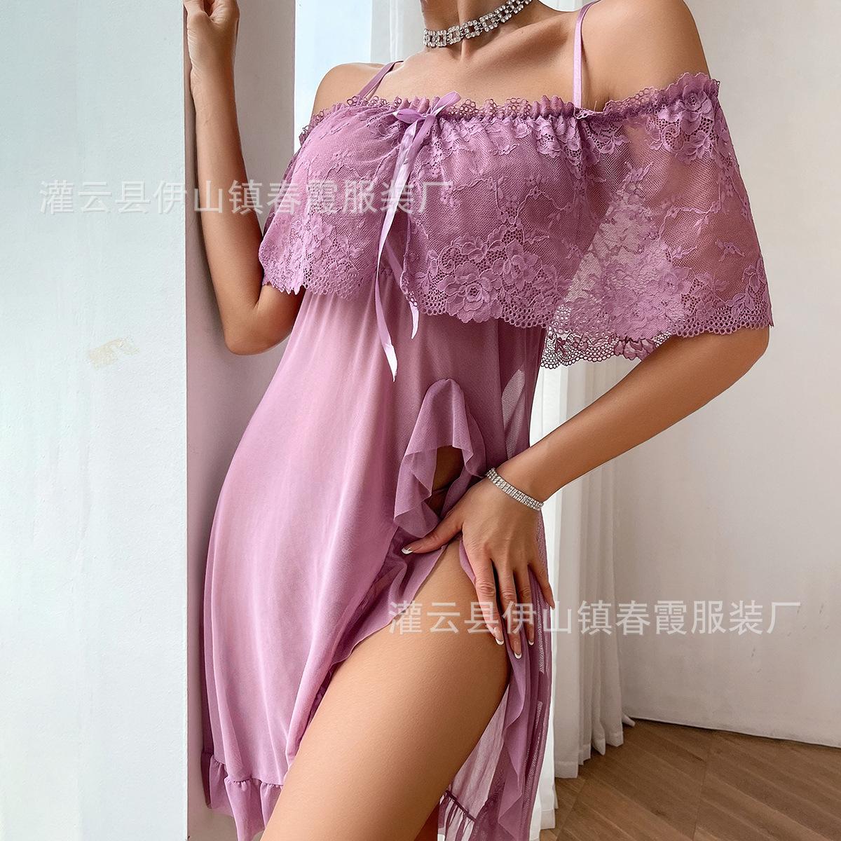 

Sexy semi-perspective mesh lace strap bow pleated lace slit free temptation nightdress XL світло-фіолетового кольору