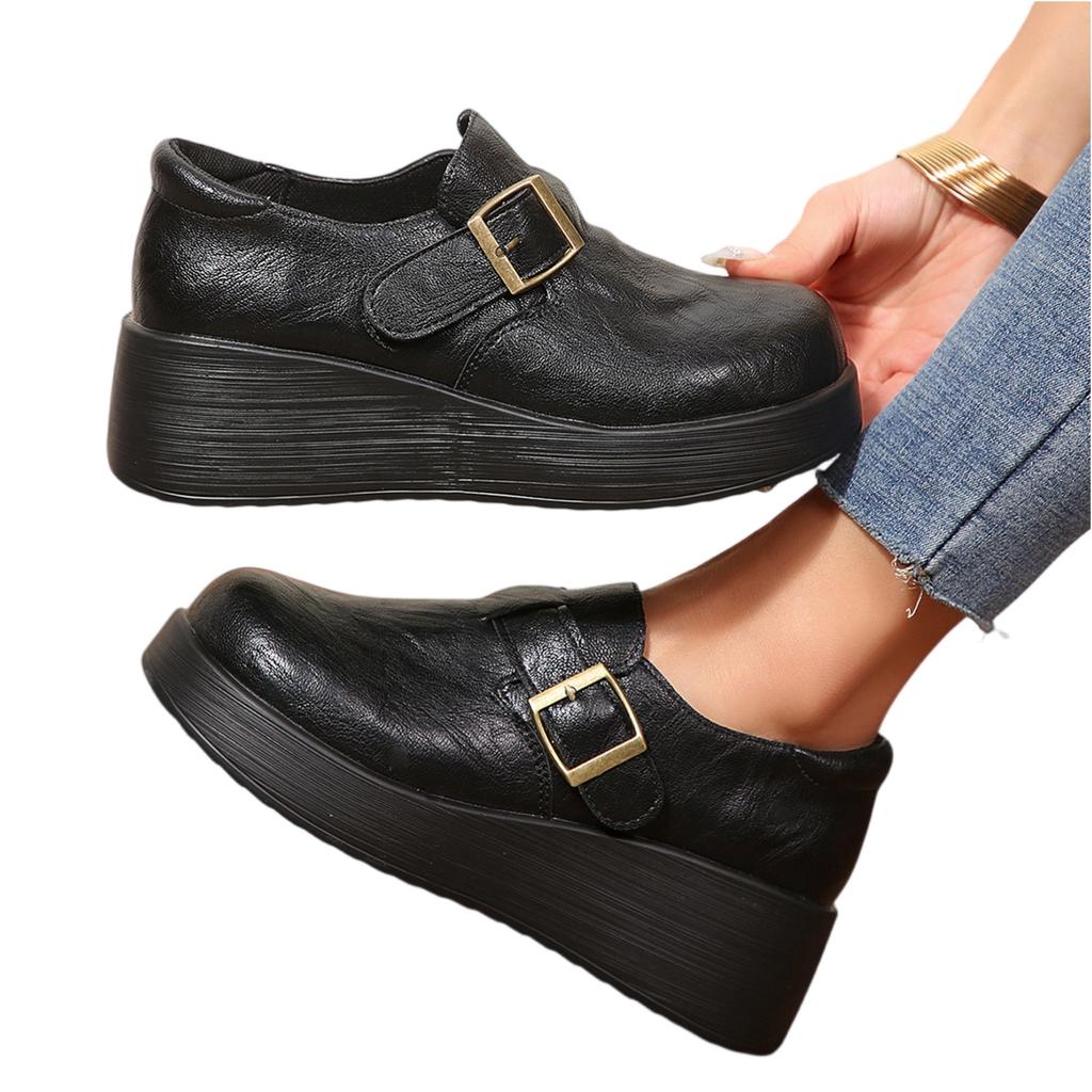 Women's Platform Loafers with Round Toe and Buckle Strap Slip-On Design Comfortable Thick Sole Casual Shoes for Daily Wear