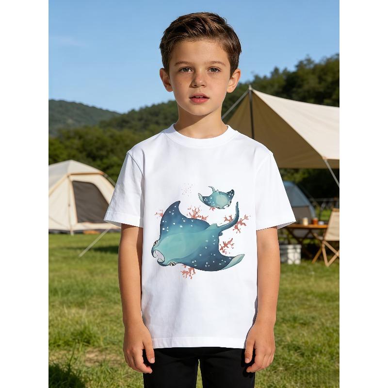 Kids Crewneck T-Shirt, Cute Cartoon Stingray Ocean Creature Print 110 белый