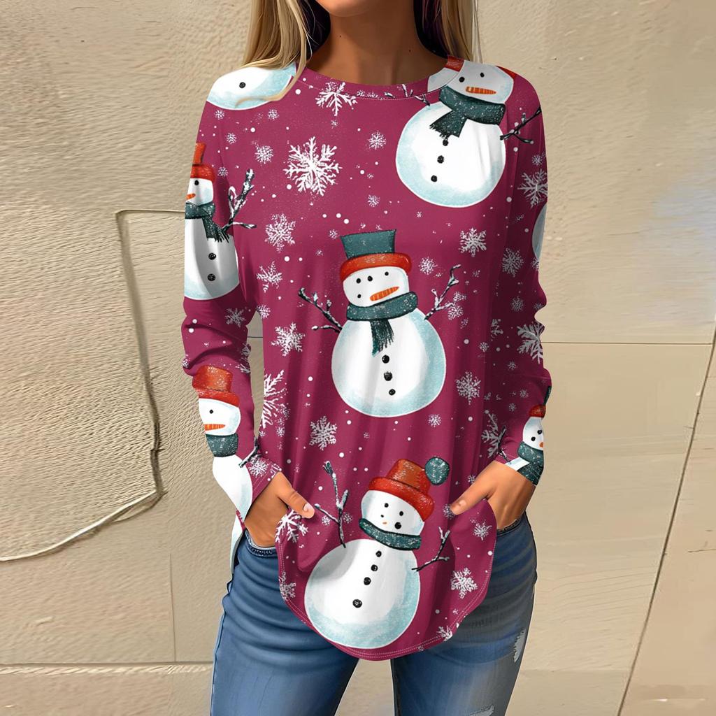 Women's Fashion Loose Round Neck Christmas Printed Long Sleeve T-Shirt Top