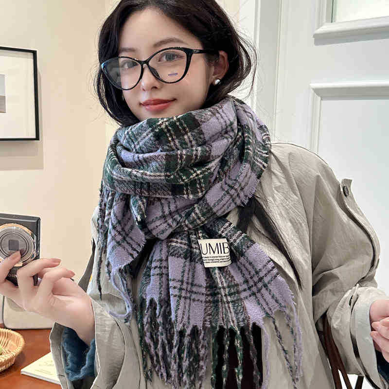 Maillard Plaid Scarf Women'S Season Thickened Warm Shawl Dual-Purpose Solid Color Student Bib Neck Tide