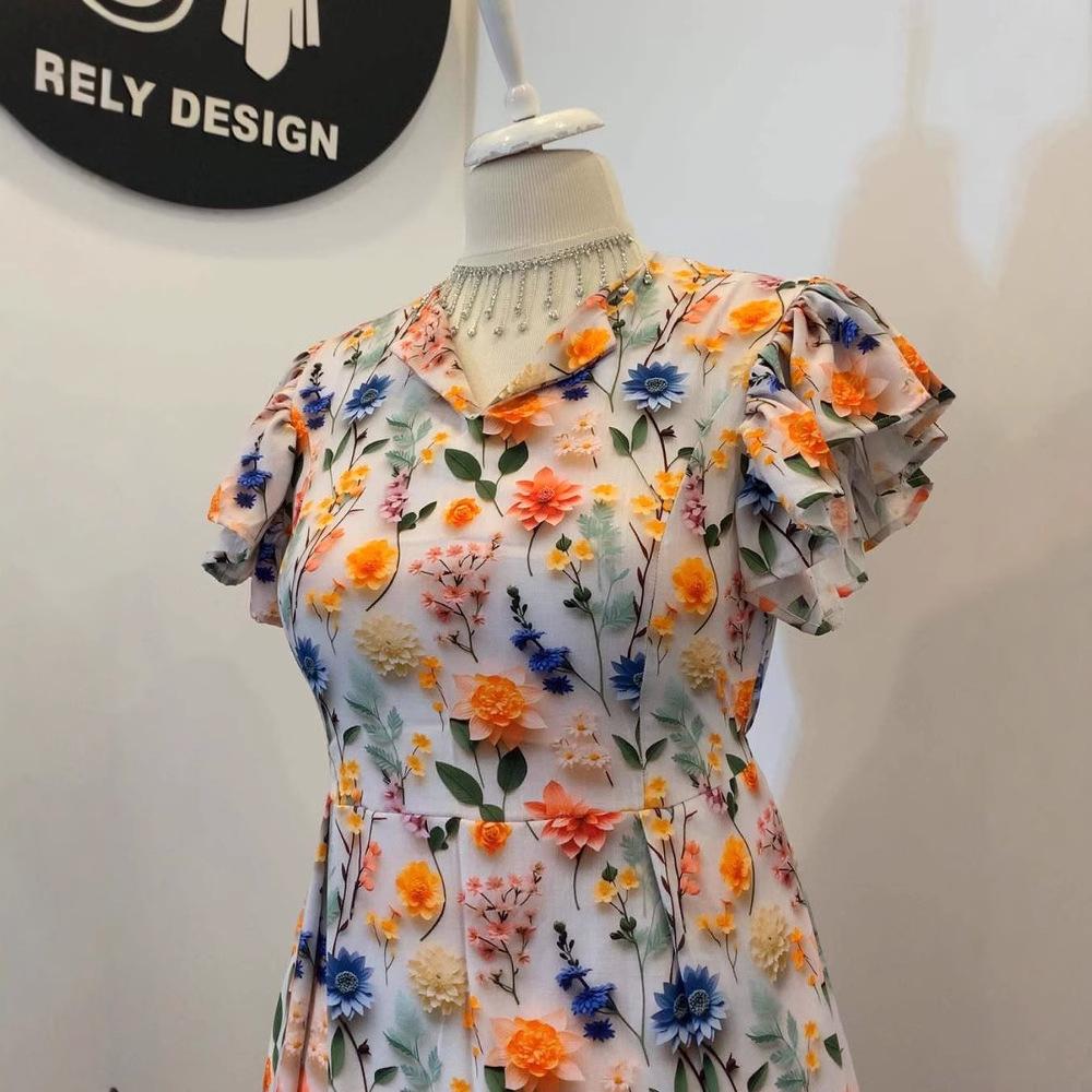 European and American Women's Clothing Fashion Short-sleeved Summer New Temperament Printed Thin Medium and Long Casual Pendulum Dress