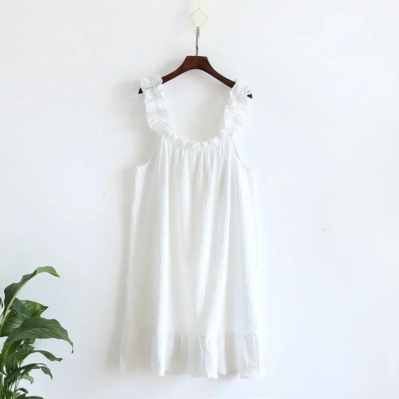 Ladies Summertime Cotton Yarn Pure Cotton Thin Suspender Nightdress Loose Mid-length Sweet and Lovely Long-cut Home Dress Camisola Sexy