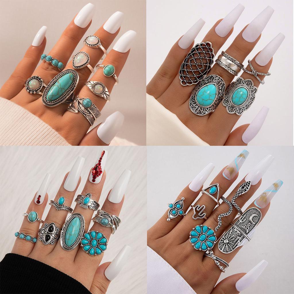 Ethnic style vintage turquoise carved feather ring fashion personality 8-piece combination ring set