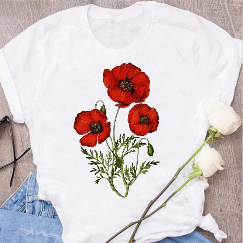 Red Rose Print Women T Shirt Summershort Sleeved Round Neck Harajuku Korean Style Graphic Tops Kawaii Female T-shirt Tops