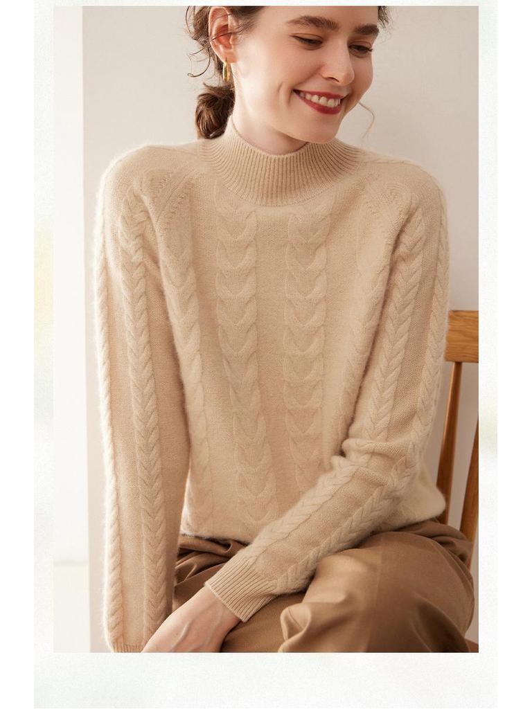 Women's Solid Color Twist Pattern Cashmere Sweater, Semi-high Neck, Loose Fit