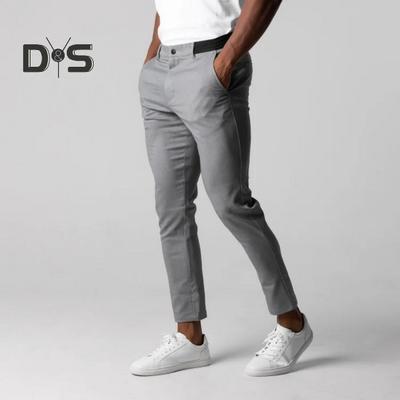 Men Pants Elastic Mid Waist Button Zipper Closure Pockets Slim Fit Solid Color Soft Breathable Business Formal Long Trousers