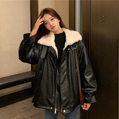 Thick Winter Warm Velvet Leather Jacket Women's New College Style Loose Leather Jacket Winter