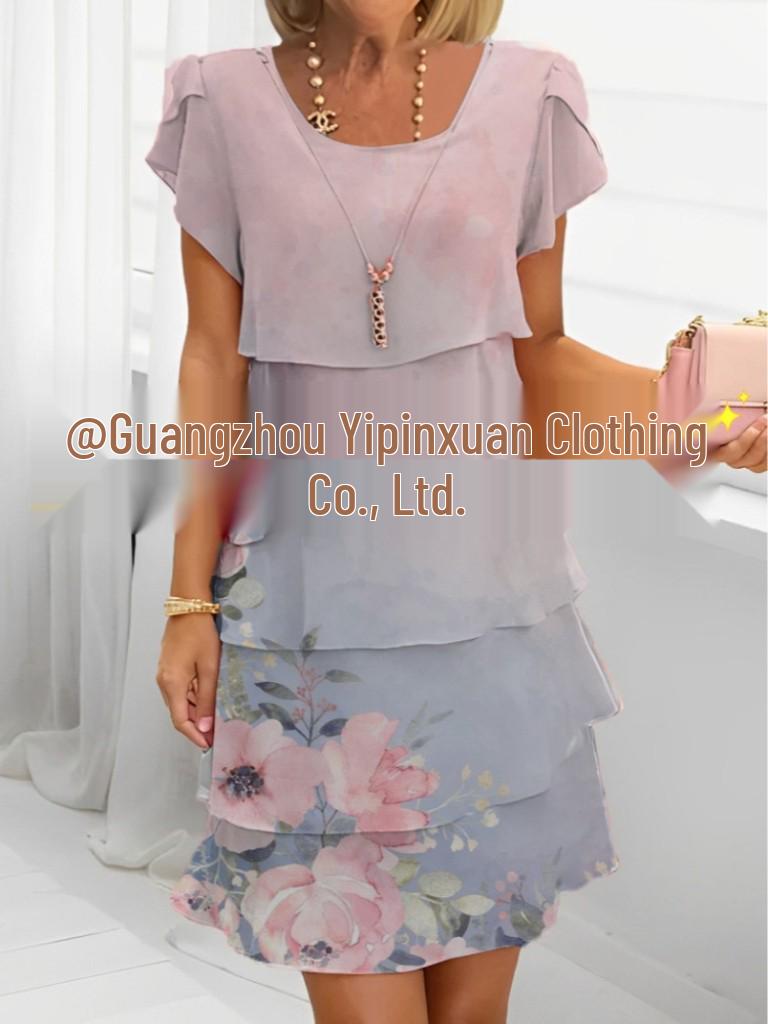 European and American 3D Print Short Sleeve Chiffon Dress