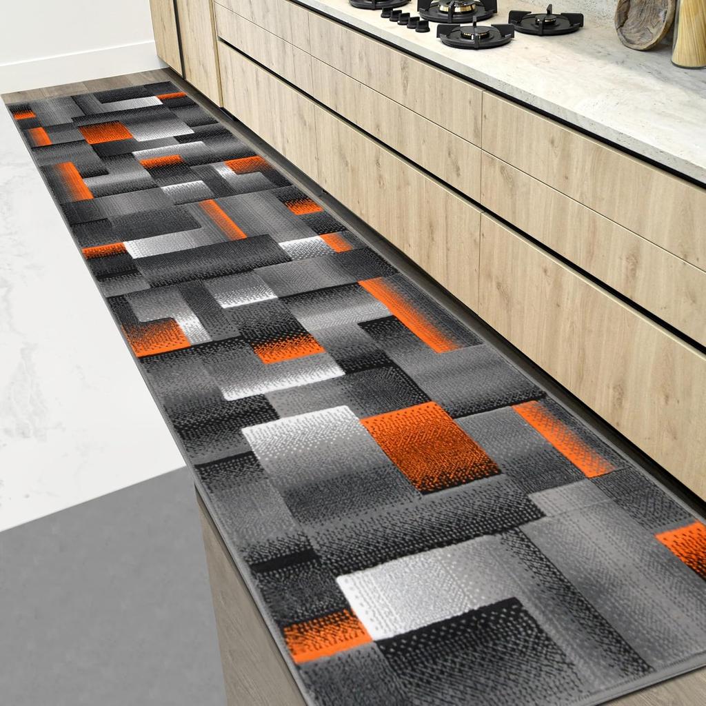 Runner Green BlackGray Abstract Geometric Modern Squares Pattern Area Rug - Contemporary Styling for Living Room, Bedroom