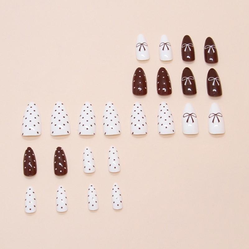 1 Set Almond Press on Nail Acrylic Nail Accesories with Bows and Dot Designs Stick on Nail Valentine's Day Nail Art