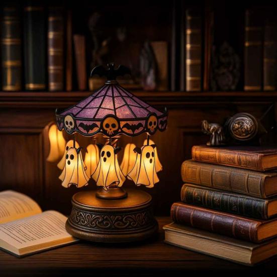 Ghost Carousel Light Stained Glass Carousel Night Light with Floating Ghost Halloween Desk Reading Lamp for Bedroom Mantel Tabletop Decor