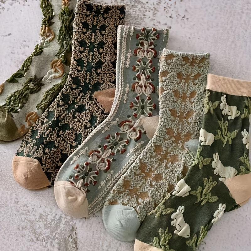 5 Pairs Women's Mid-Calf Socks - Soft Knit Floral Embroidery, Green Vintage Print, Warm & Comfortable, Perfect for Autumn & Winter, Cute Socks