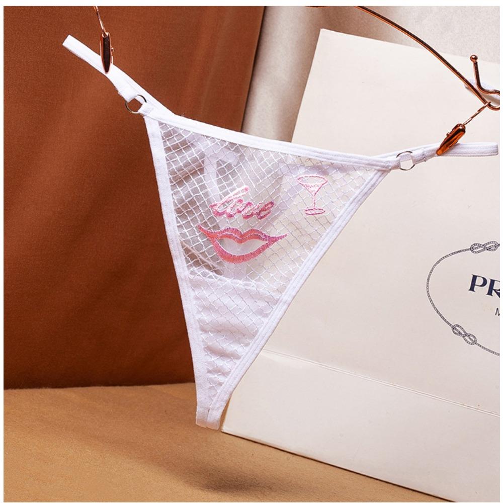 Sexy Plaid Perspective Thong Women's Hot Hollowed-out Embroidered Love Diamond Jewelry Beautiful Buttocks Low Waist Thin Belt Seduction Panties