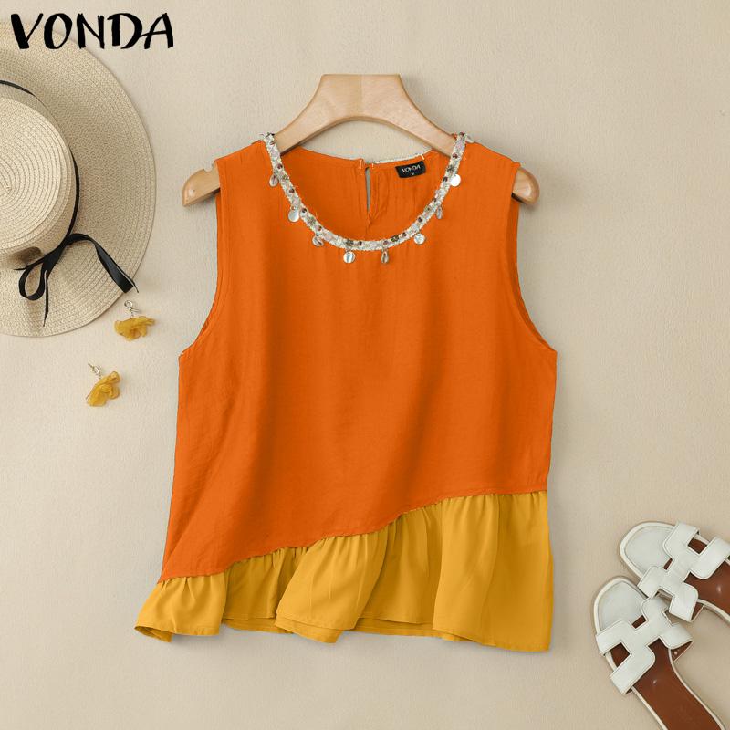 

VONDA Women Round Neck Sleeveless Beads Patchwork Ruffled Casual Tank Tops 5XL оранжевый
