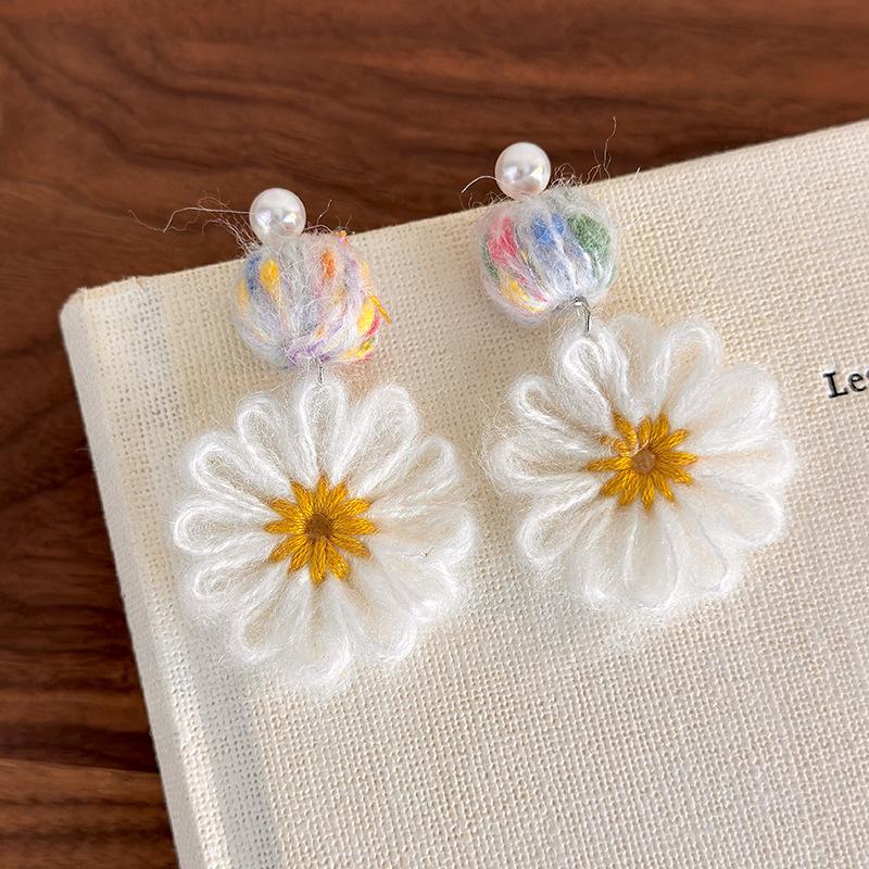 

Birthday Gift 2026 Autumn Winter Multicolor Plush Knitting Wool Simulated Pearl Flower Ball Long Dangle Earrings for Women белый