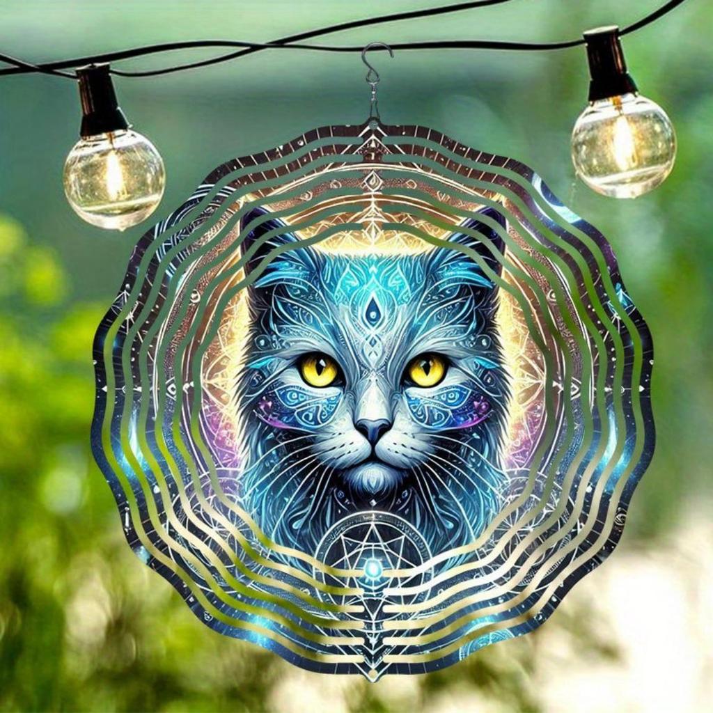 2D Metal Wind Spinner Mysterious Magic Cat Design Outdoor Garden Balcony Decor Dynamic Wind Chime for Autumn Halloween Holiday Gift