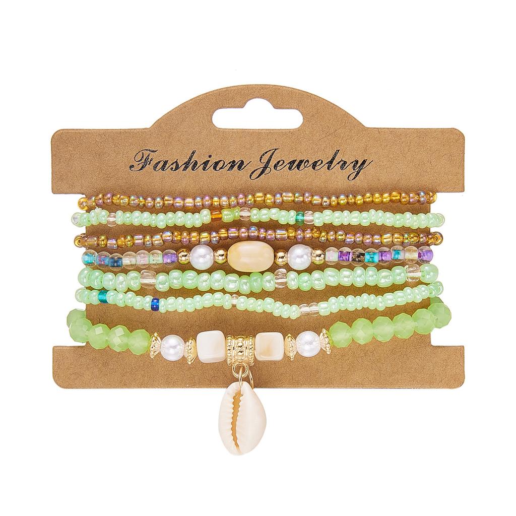 Bohemian Shell Set Bracelet Pendant Versatile Niche Design Women's Rice Bead Multi-layer Elastic Bracelet