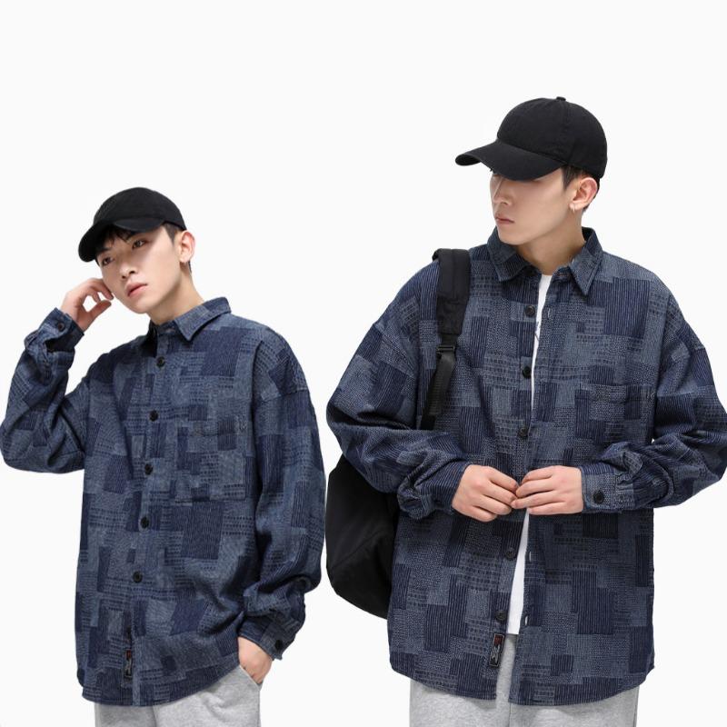 Spring and Autumn Men's Plaid Lasel Loose Casual Shirt