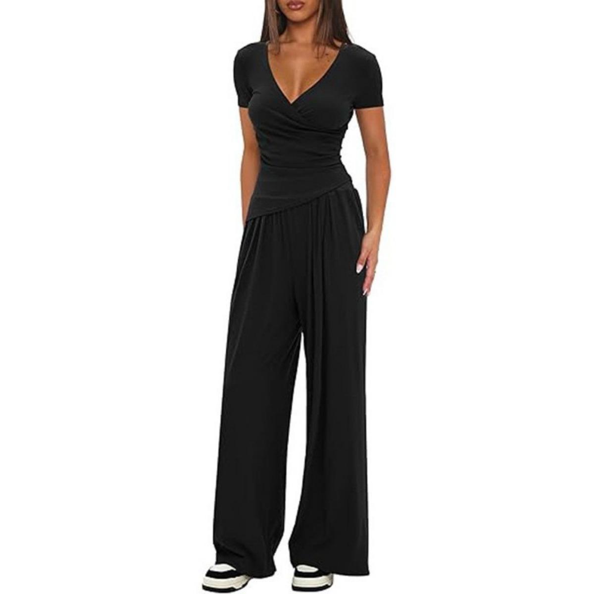 

Solid Color 2 Pieces Casual Outfit Set, V Neck Long Sleeve Top + Wide Leg Pants, Knit Relaxed Matching Sports Loungewear Suit for Women XL чорний