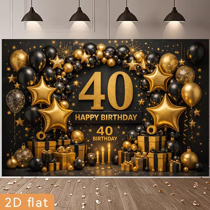 Dwuwymiarowe Tło na 40. Urodziny Czarno-Złote Balony Tło Fotograficzne