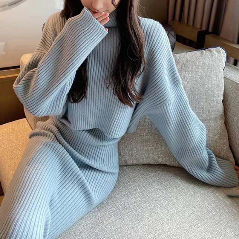 Completo Due Pezzi Lavorato a Maglia da Donna: Maglione Largo con Scollo Alto Abito Midi a Svasatura Stile Coreano Chic Pigro