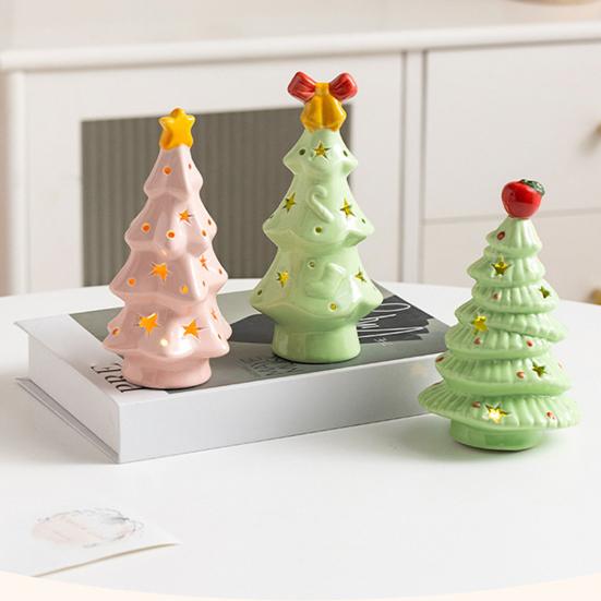 Lighted Ceramic Christmas Tree Small Xmas Tree Figurine with Fruit Tree Topper Holiday Tabletop Centerpiece for Home Mantel Shelf Fireplace Decor