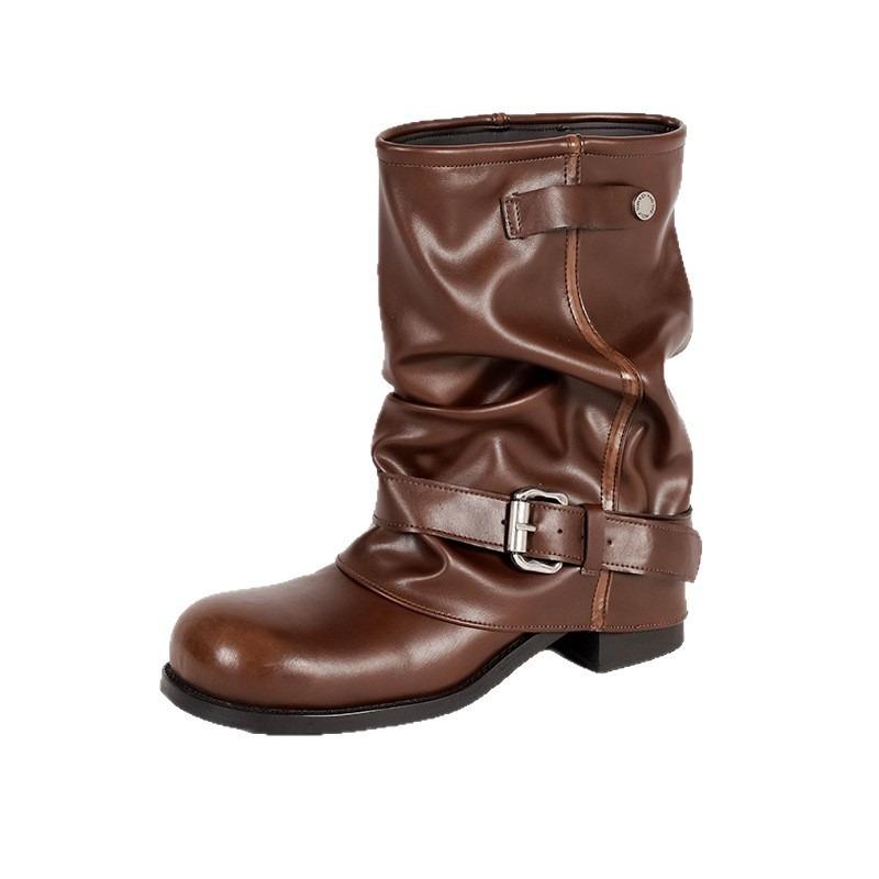 Autumn New Western Cowboy Boots Women's Pleated Pile Martin Boots Brown Retro Fashion Thick Heel Pants Boots
