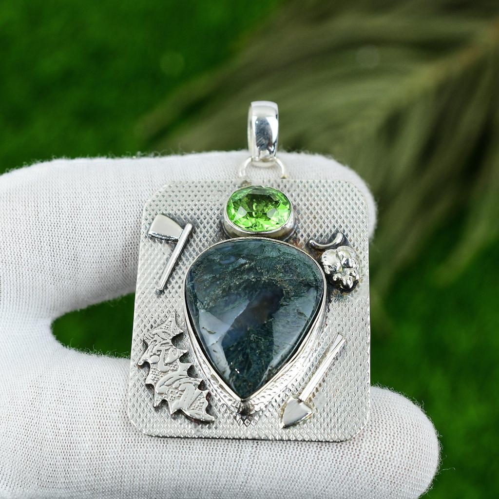 Natürlicher Solar Moos Achat Edelstein Anhänger Grün 925 Sterling Silber Schmuck