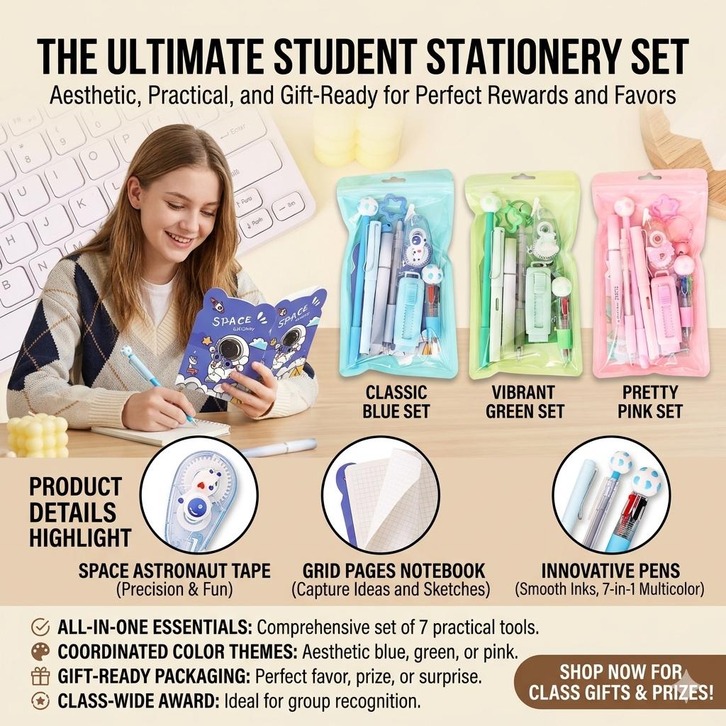 9pcs/Set Cute Stationery Set Multiple Colors Daily Writing Supplies For Students, Ideal Gift For Holidays Birthdays Class Event