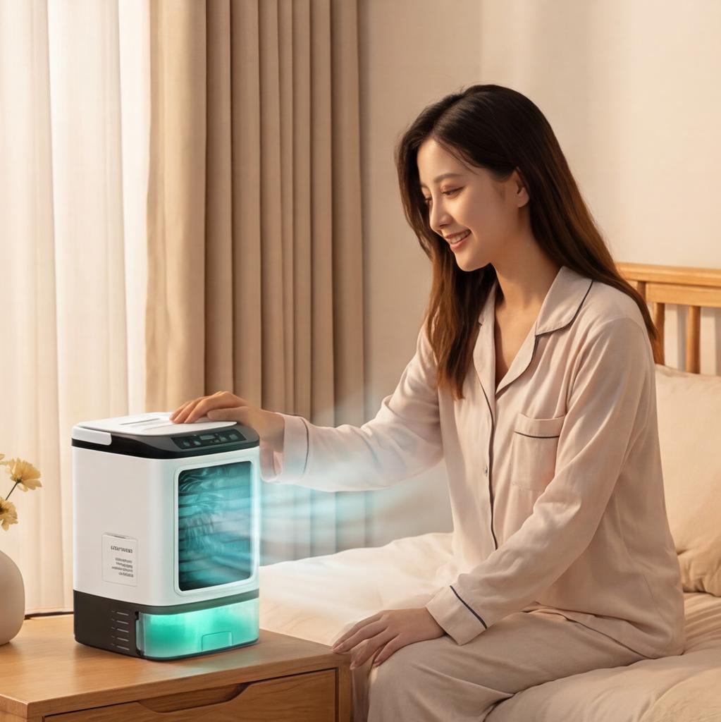 Mini Air Conditioner: 4-in-1 Portable Evaporative Cooler with 900ML Tank - 4 Speeds 2 Mist Modes 7 Color LED Light Rechargeable Personal Cooling