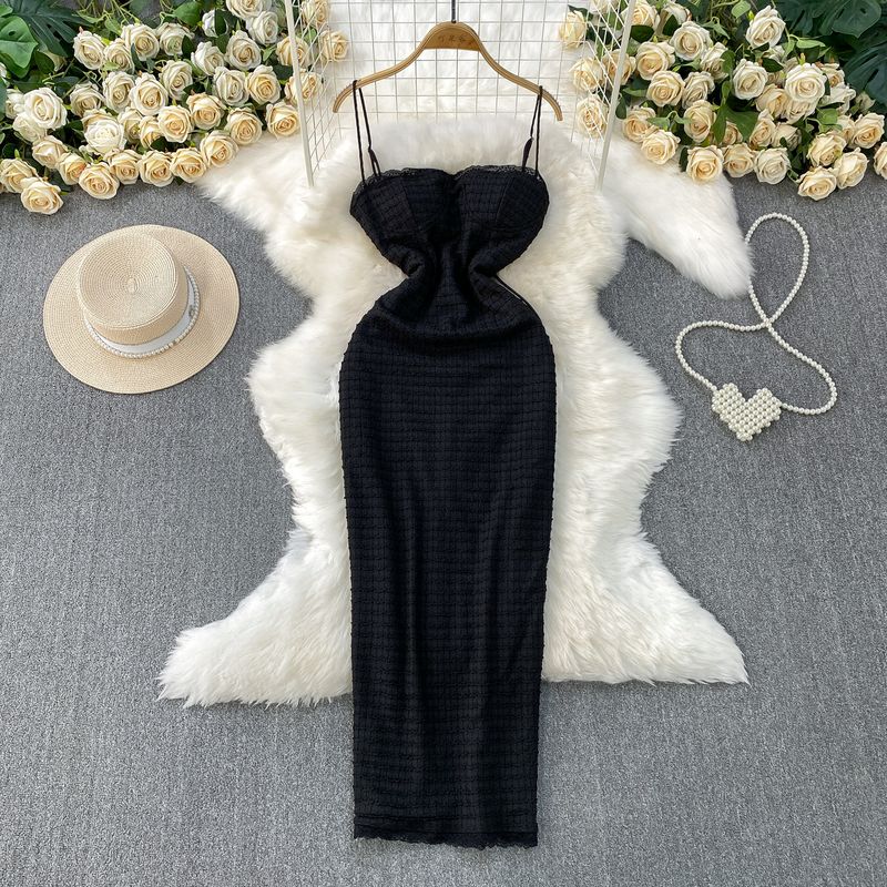 

Niche Elegant Elegant Lace Side Band Chest Pad Sling Dress Women Summer High-Grade Sense Waist Hugging Back Slit Long dress Black One size