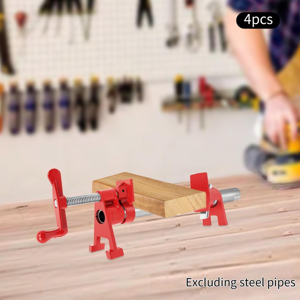 4-Piece Wood Gluing Pipe Clamp Set – Heavy-Duty Cast Iron Bar Clamps for Woodworking – Red