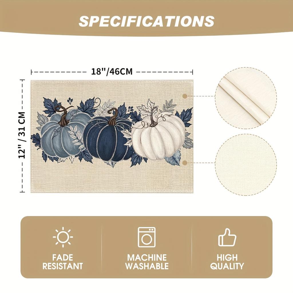 4pcs, Linen Navy Blue Pumpkins Fall Placemats Set of 4, 12x18 Inch Autumn Thanksgiving Watercolor Table Mats for Dining Party De