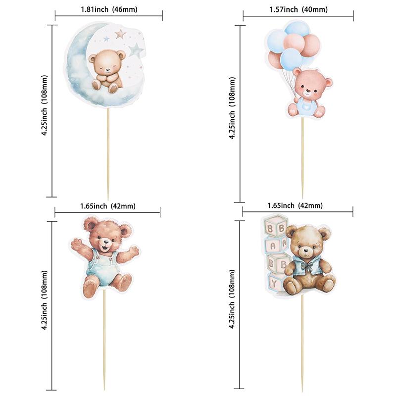 12/24Pcs Cartoon Bear Cupcake Toppers for Kids Baby Boy Girl 1st Birthday Party Cake DIY Decoration Blue Pink Baby Shower Favors