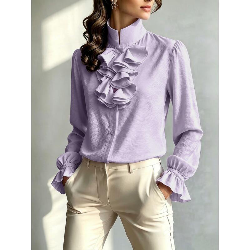 Women S Stand Collar Long Sleeve Solid Polyester Shirt Elegant Commuter Style