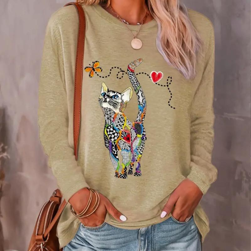 

Топы для женщин с принтом «Кошка, гоняющаяся за бабочками», футболка с круглым вырезом и длинными рукавами, осенний повседневный тонкий пуловер, женский топ с длинными рукавами 8XL жёлтый