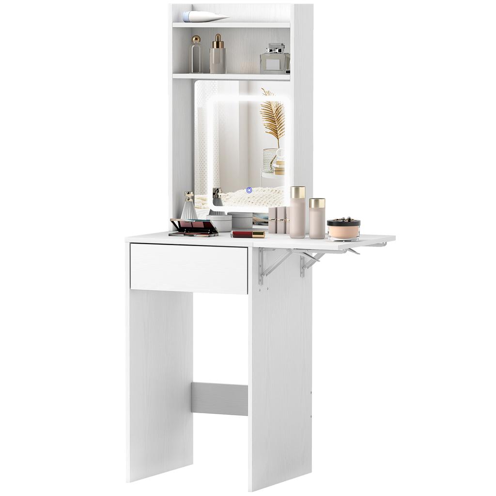 Small Vanity Desk with Mirror and LED Lights, Compact Dressing Table with Drop Leaf, Open Shelves and Drawer, White