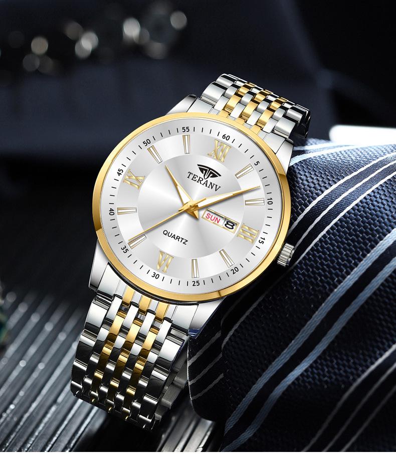 Butterfly Clasp Men's Ultra-Thin Luminous Stainless Steel Dual Calendar Waterproof Quartz Watch