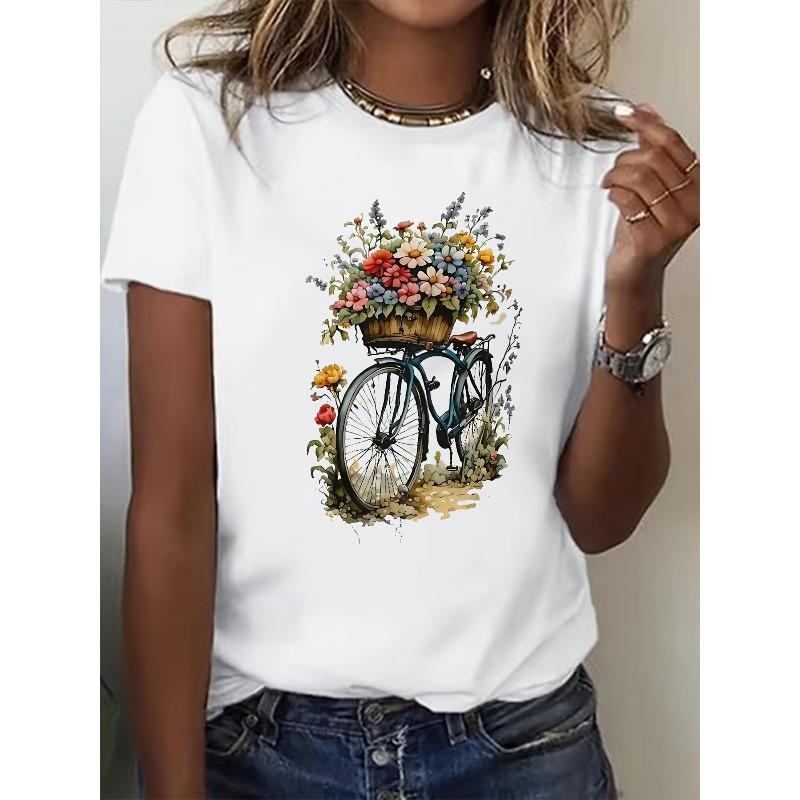 Europäische Größe Damen Kurzarm Rundhals T-Shirt mit Blumigem Fahrradmotiv, Lässiges Sportoberteil für Alle Jahreszeiten geeignet