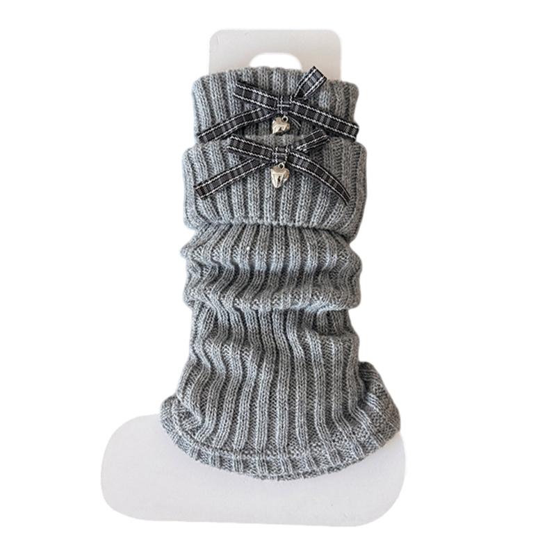 Stretchy Elastic Cuffs Nonslip Textured Leg Warmers With Bows Detail Soft Acrylic Ankle Socks For Women Cold Weather Universal code светло-серый