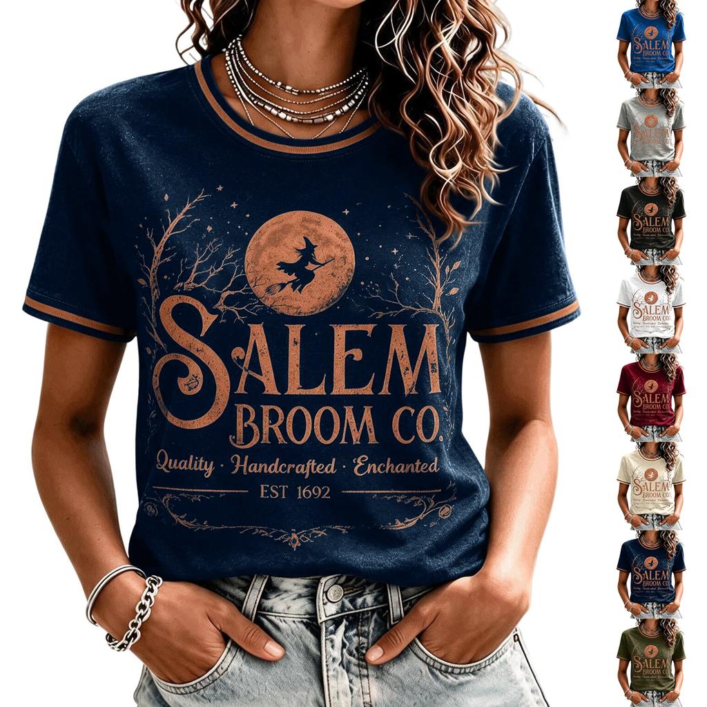 Women's Halloween Printed Neck Short Sleeve T-Shirt with Shoulder Fit